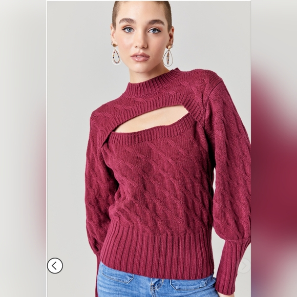 Francesca's Burgundy Corie Cable Cutout Swaeter - Picture 4 of 11